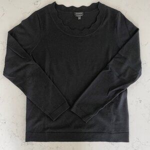 Talbots Neutral Lg Sleeve Scalloped Neck Pure Merino Wool Sweater Black Sz M